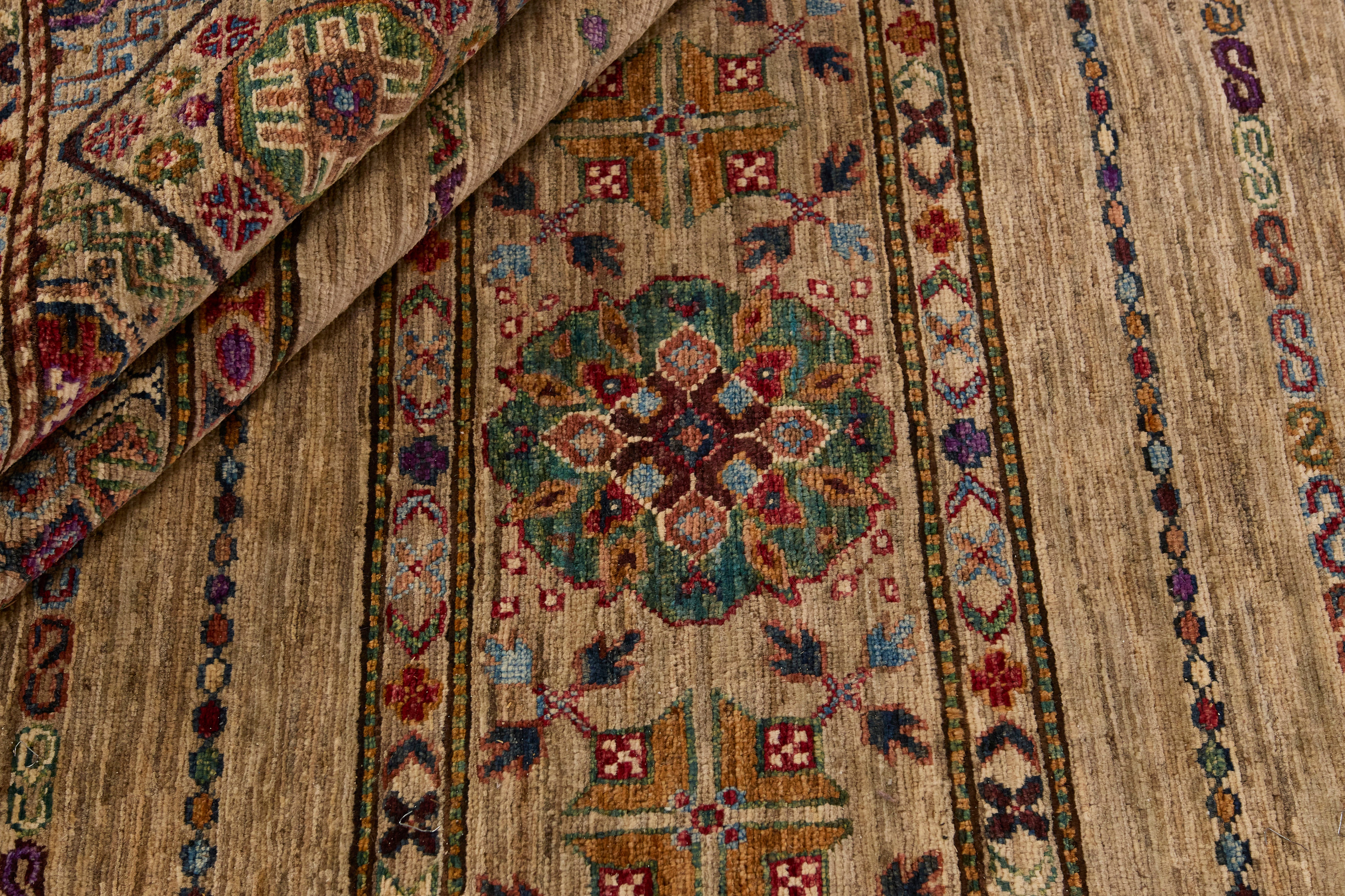 Authentic oriental Shall collection rug with traditional tile pattern in multicolour.