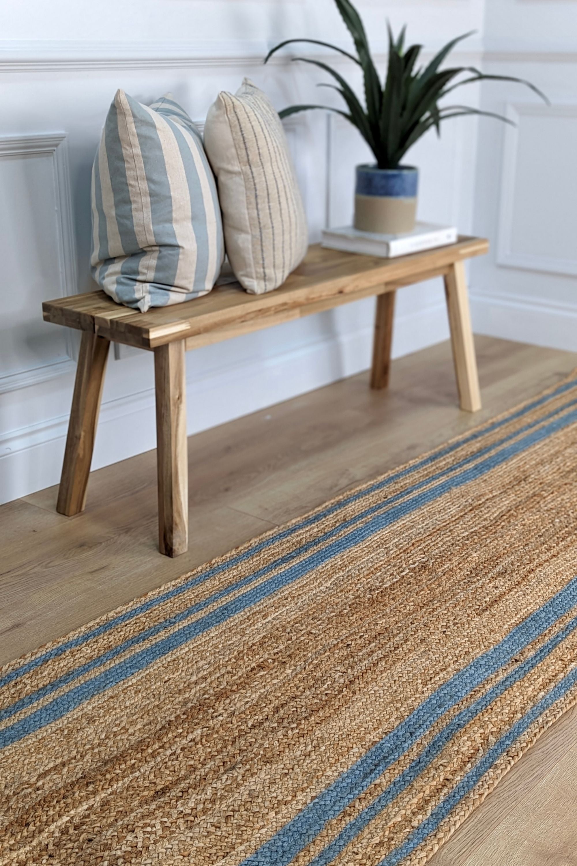 jute runner with light blue border