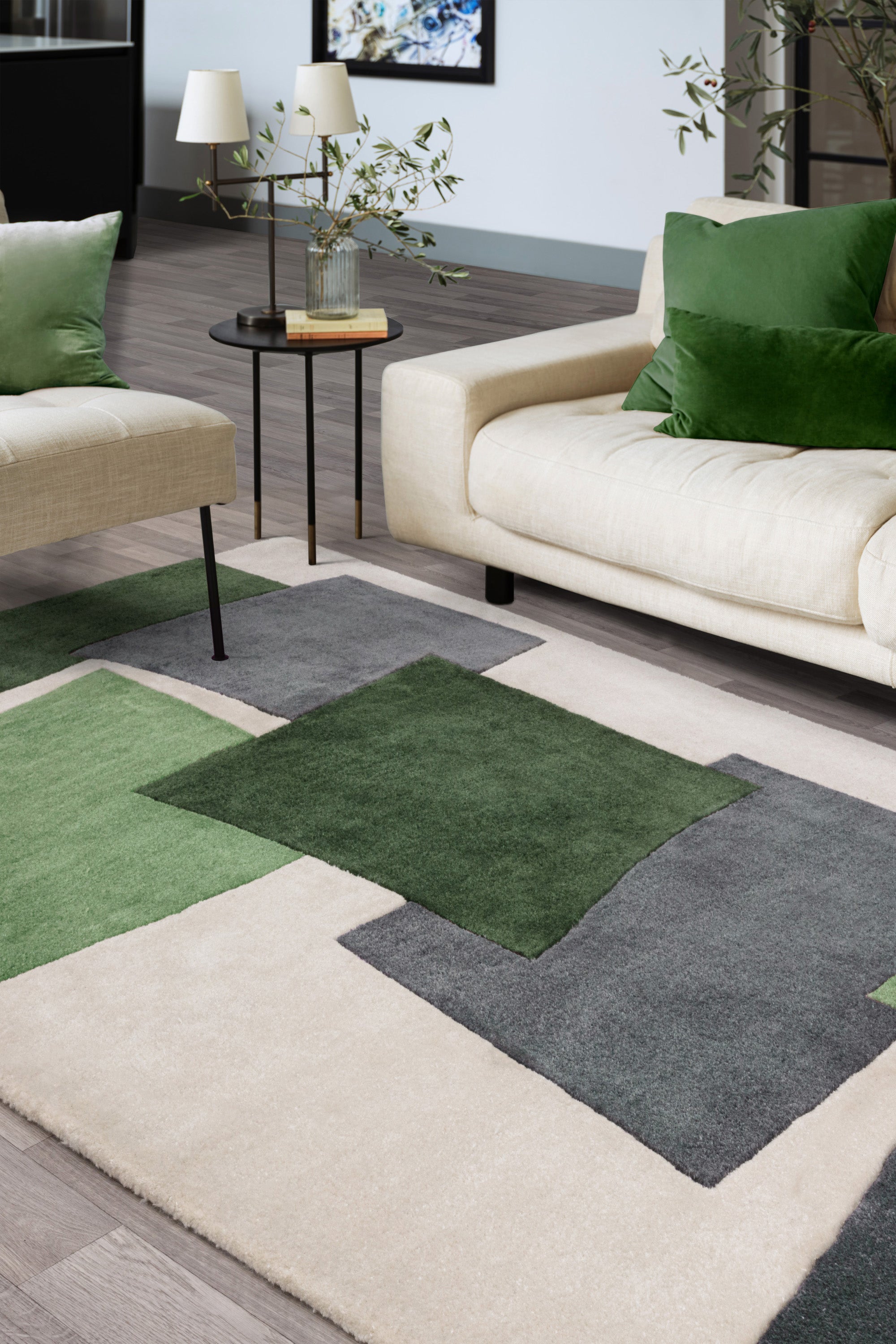 Green rug with an abstract rectangular pattern