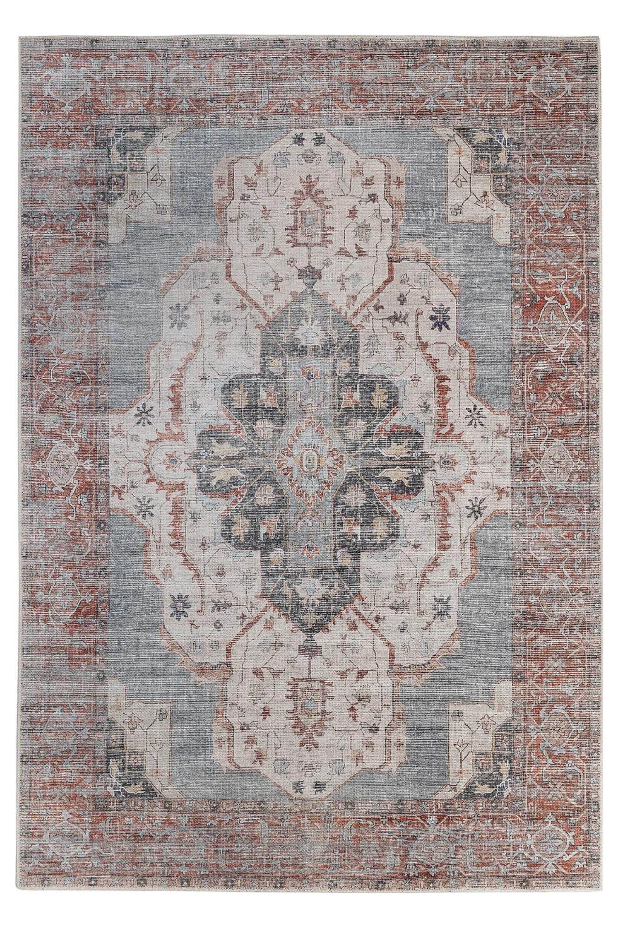 Bordered red and blue vintage style rug