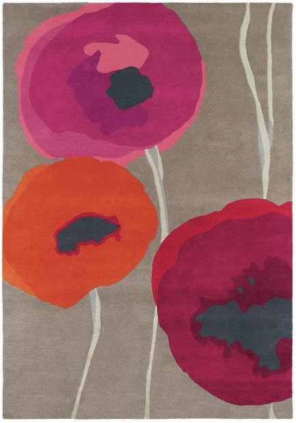 Brown floral rug with pink, red, and orange poppies
