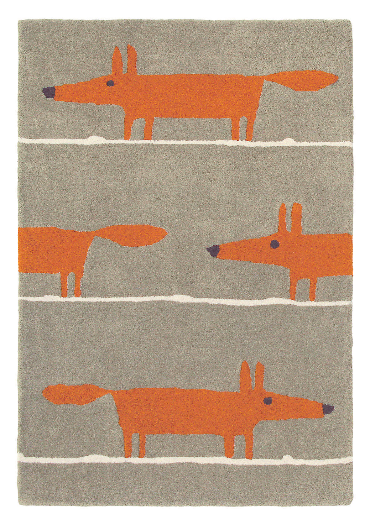 Pink rectangular rug decorated with white lines and a repeating grey fox pattern