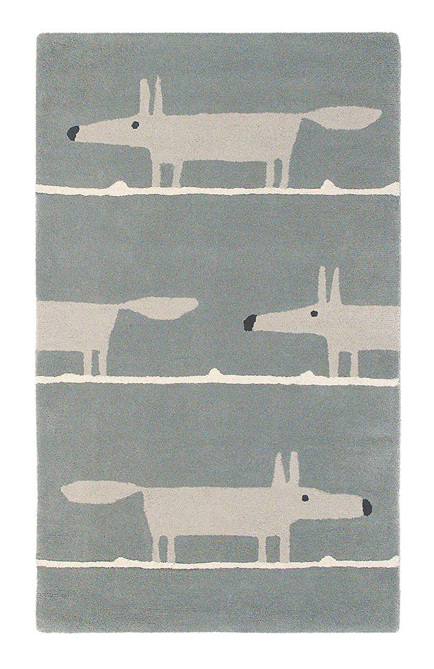 Pink rectangular rug decorated with white lines and a repeating grey fox pattern