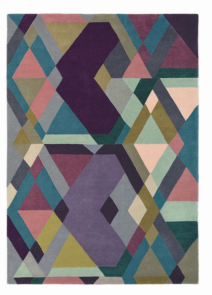 Rectangular rug with geometric pattern of polygons and chevrons in blue, purple, olive green and pink