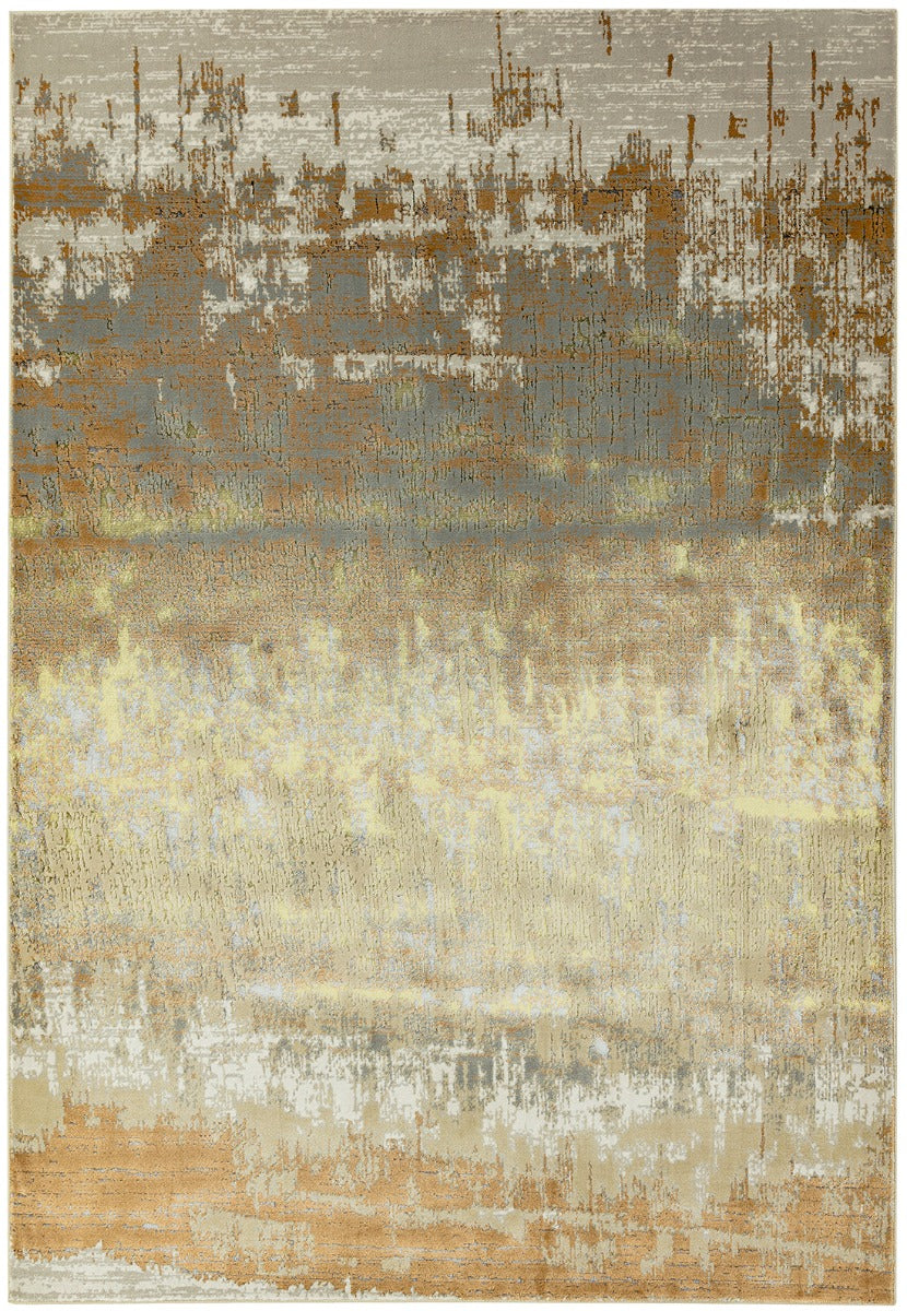 beige and brown abstract rug with a marble design