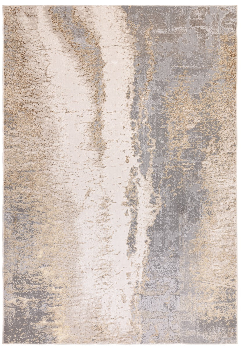 abstract polyester modern rug in beige, cream, grey, gold and silver.
