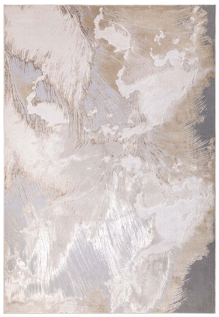 abstract polyester modern rug in beige, cream, grey, gold, white and silver.
