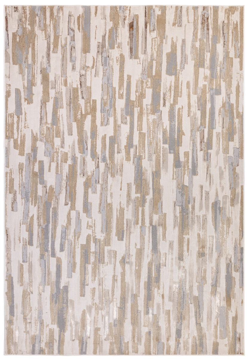 abstract polyester modern rug in beige, grey, gold and silver.
