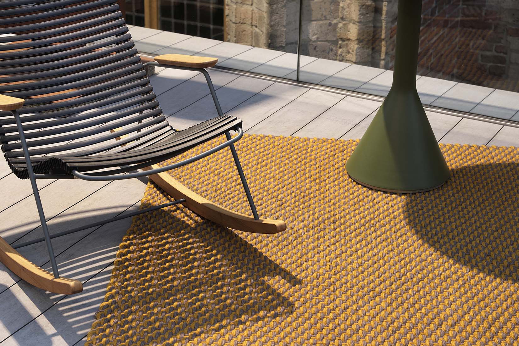 weather resistant yellow and taupe modern indoor outdoor polyethylene  sustainable rug
