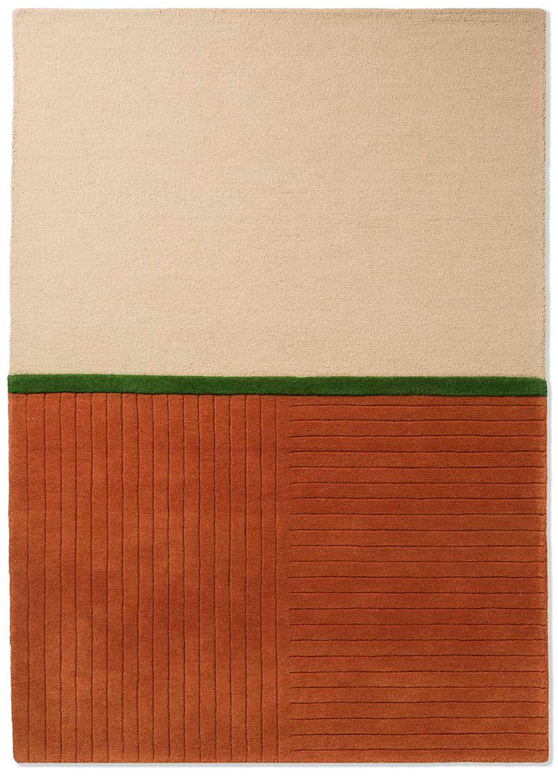 abstract rug in beige, copper and green
