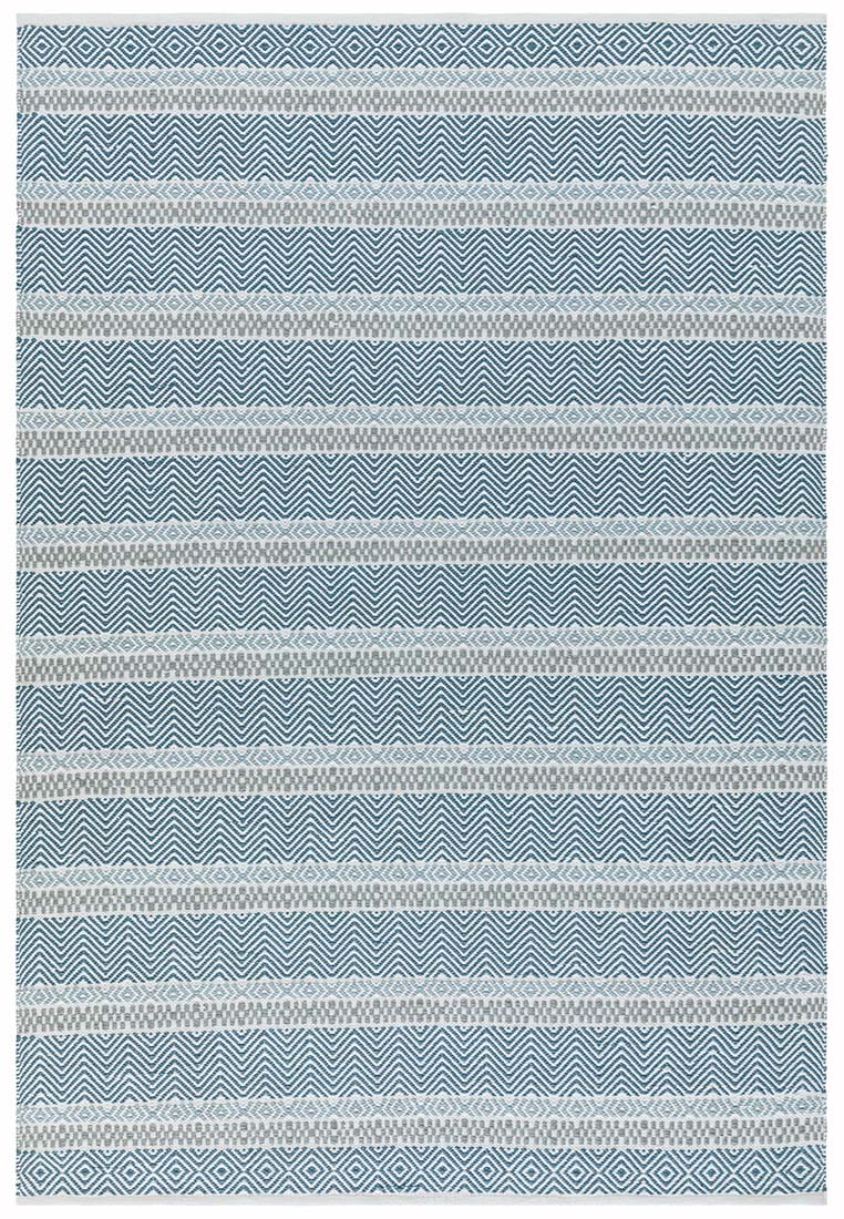 blue indoor/outdoor rug with stripe pattern
