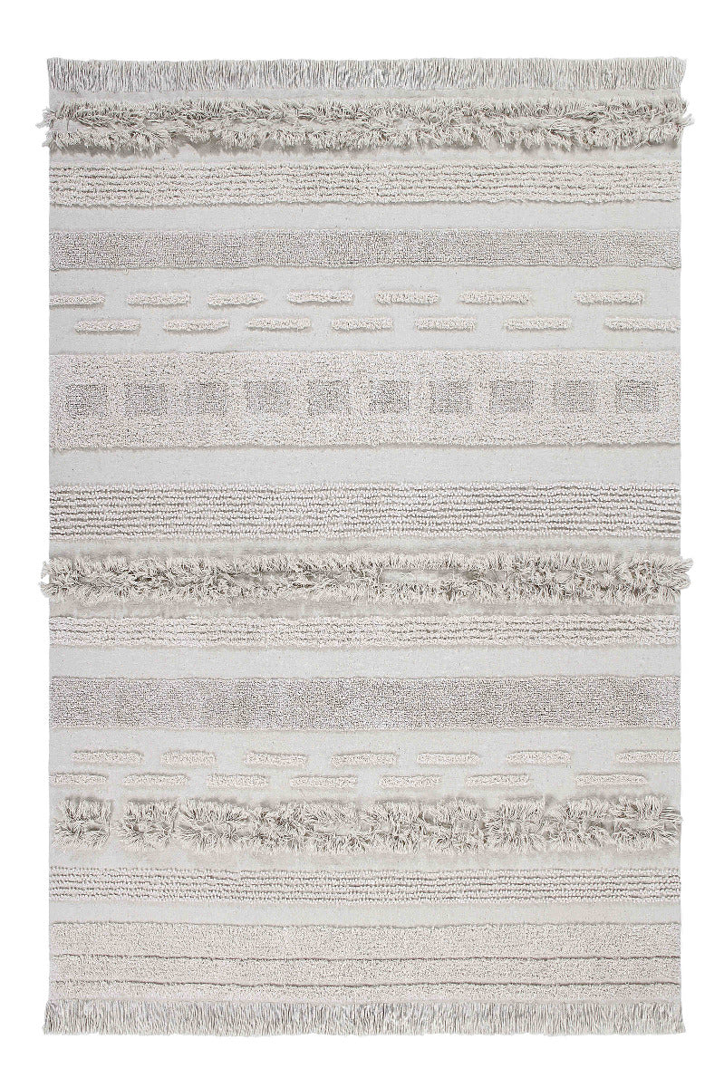 Rectangular natural beige rug decorated with a raised textured stripe pattern