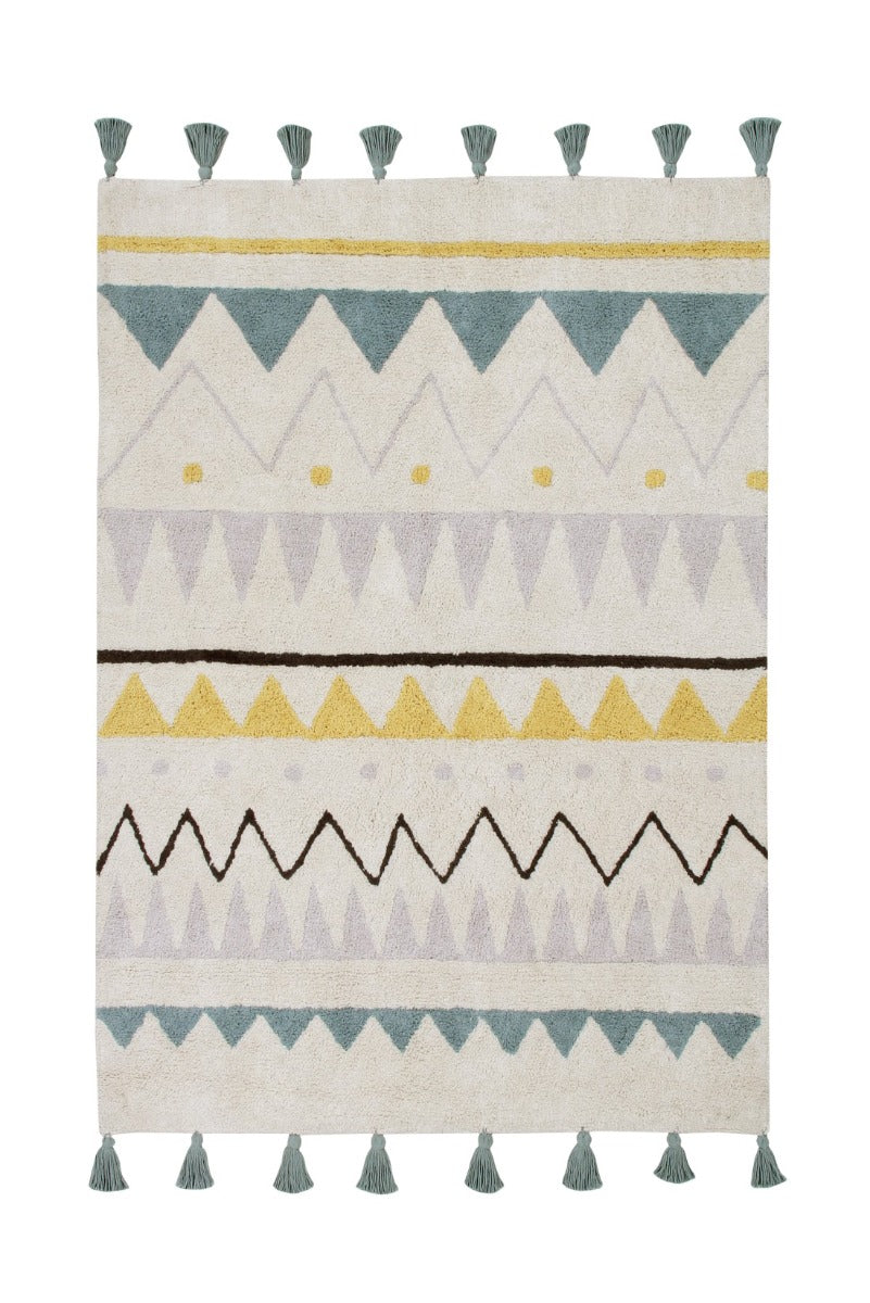 Rectangular natural beige rug with blue, yellow and grey aztec pattern and pink tassel border
