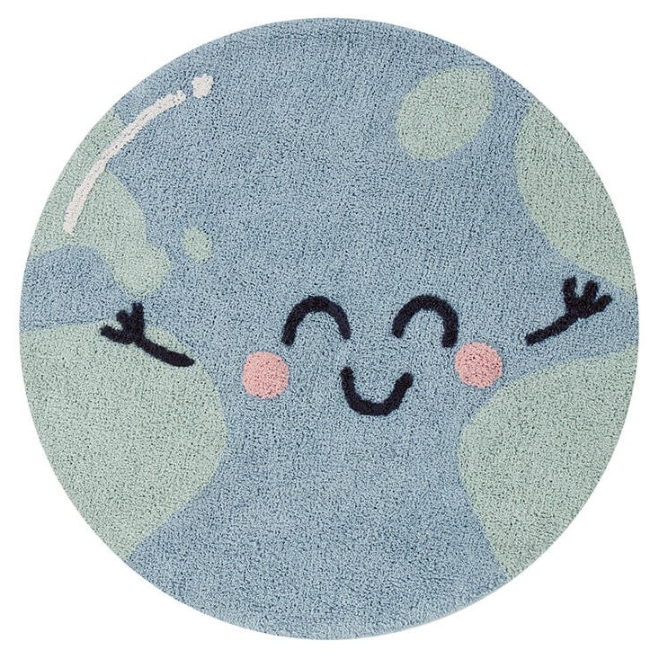 Blue, cotton tufted round rug shaped as a smiling globe

