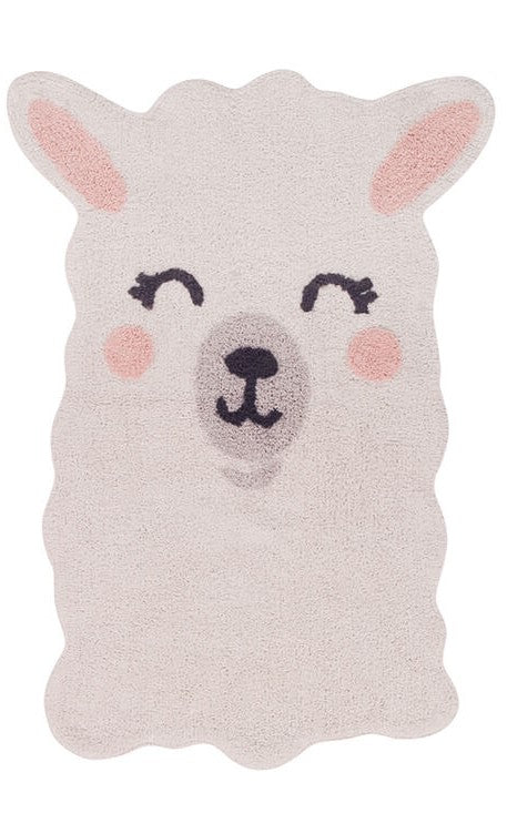 Cream, cotton tufted rug shaped as a smiling llama
