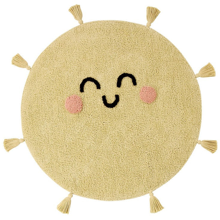 Yellow, cotton tufted round rug shaped as a smiling sun

