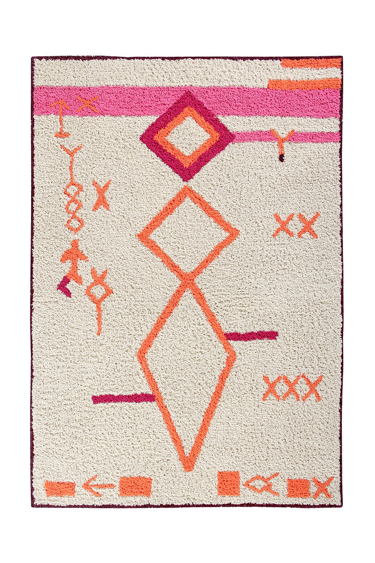 Rectangular white cotton rug decorated with a pink and orange Moroccan Beni design with a black border