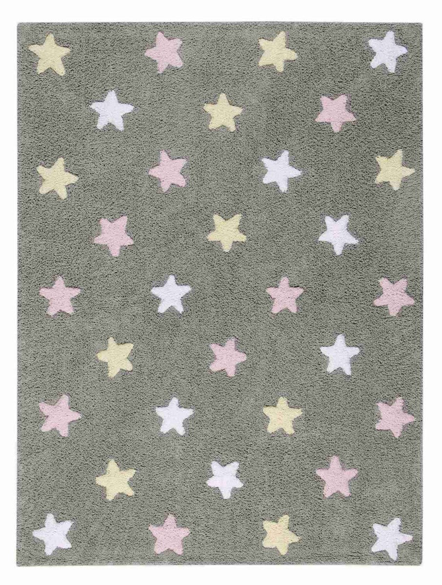 Rectangular grey cotton rug decorated with yellow, white and pink stars