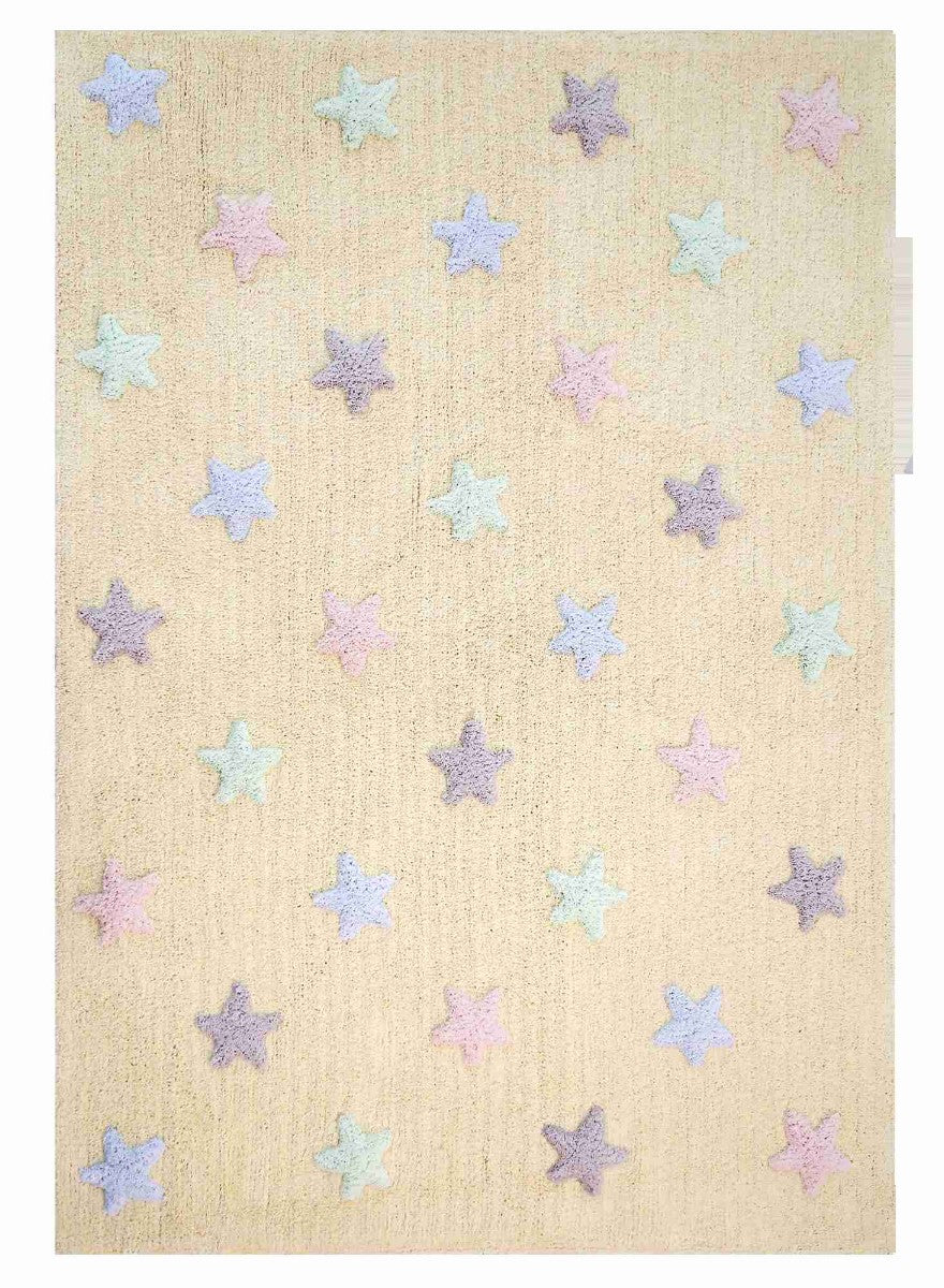Rectangular cream rug decorated with purple. blue, green and pink pastel stars