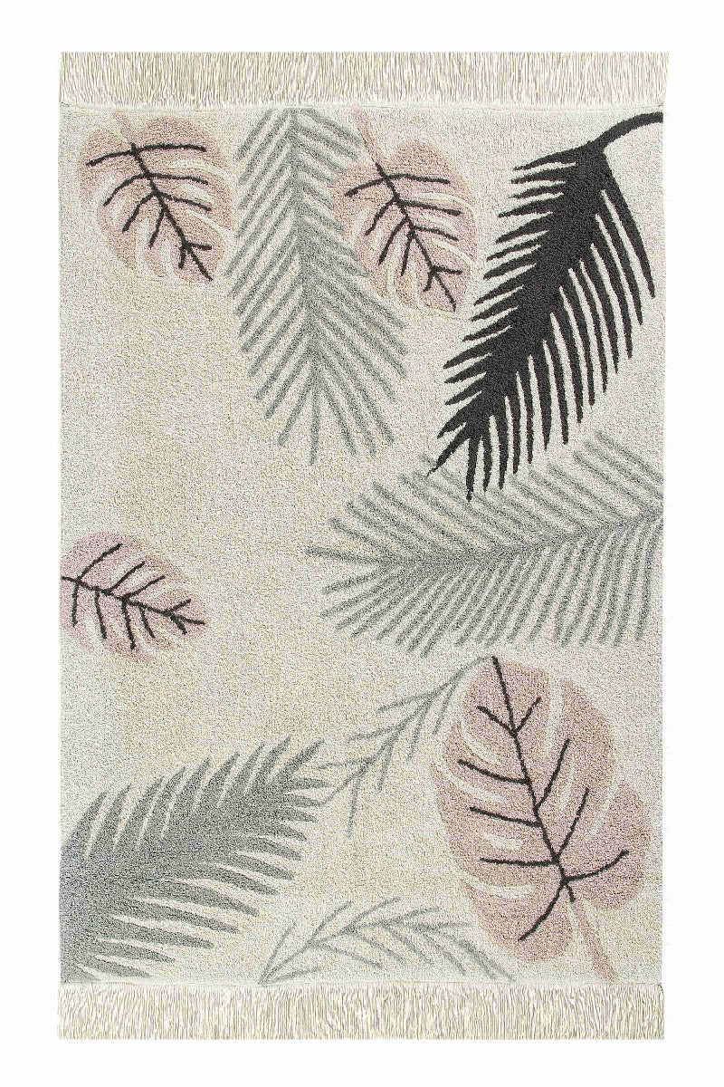 Rectangular beige cotton rug decorated with large pink and green leaves and a fringed border