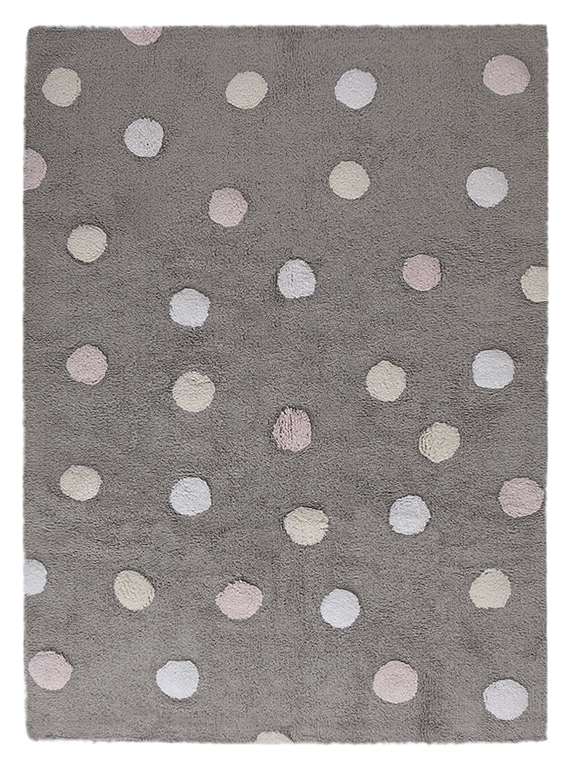 Rectangular grey cotton rug decorated with grey and pink polka dots