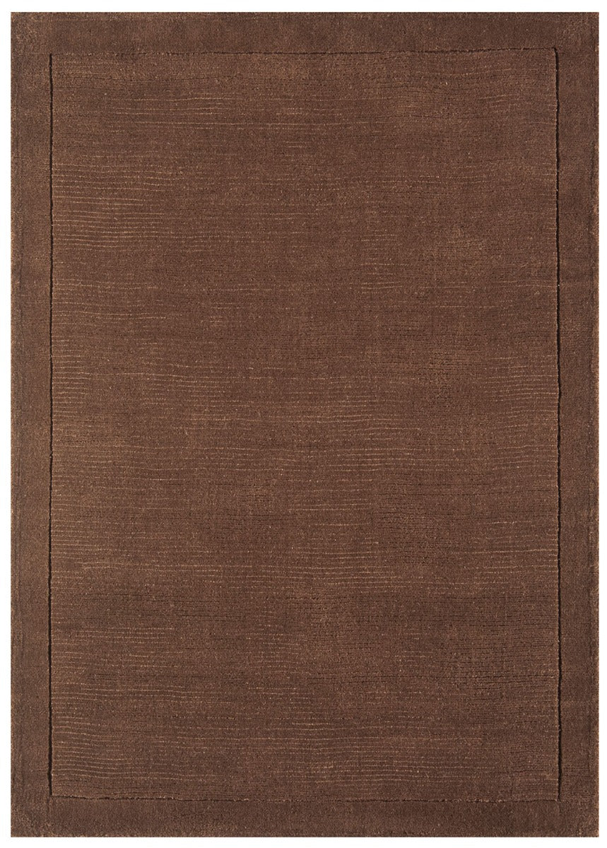 A plain brown rectangle-shaped wool rug with thin border.