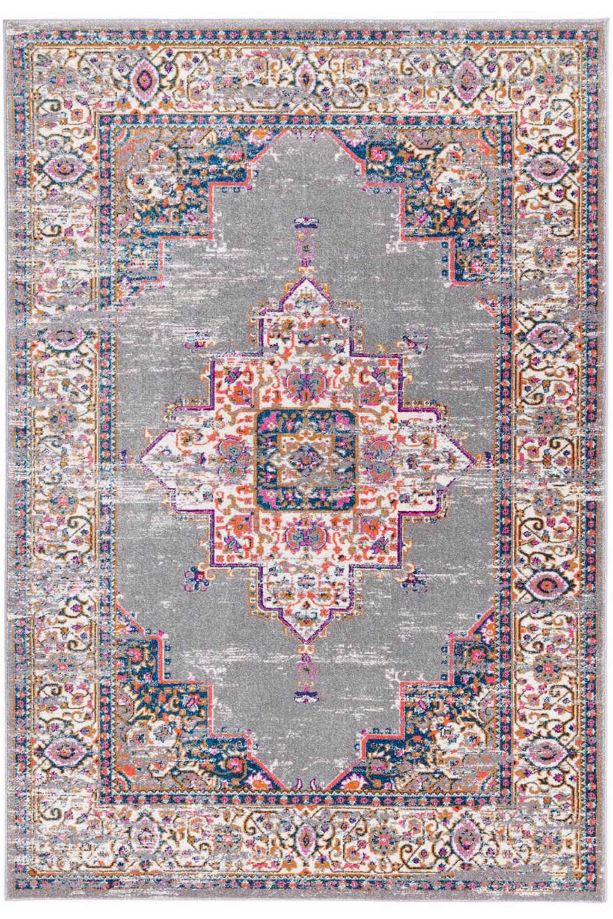 Polypropylene rug with traditional design in modern colours of grey, pink and orange