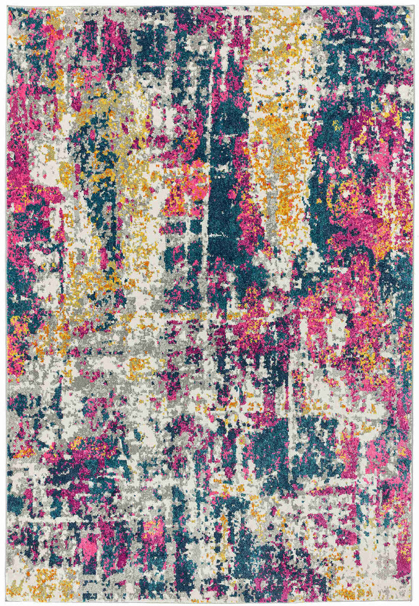 Abstract polypropylene rug in pink, yellow and blue