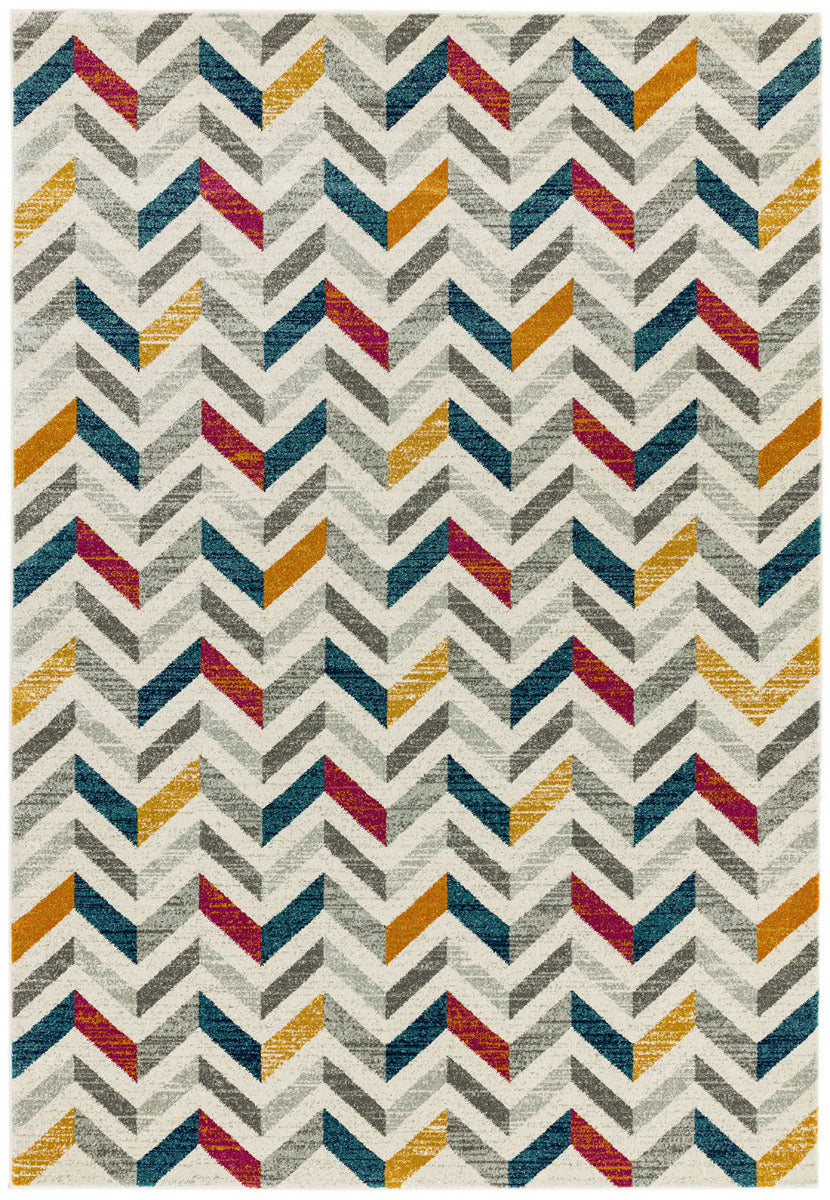 Polypropylene rug with chevron pattern in blue, yellow, red and grey