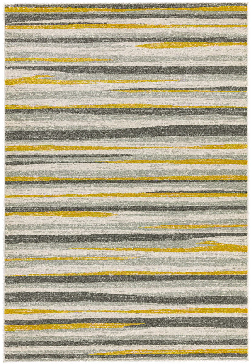Polypropylene rug with abstract stripe pattern in grey and yellow
