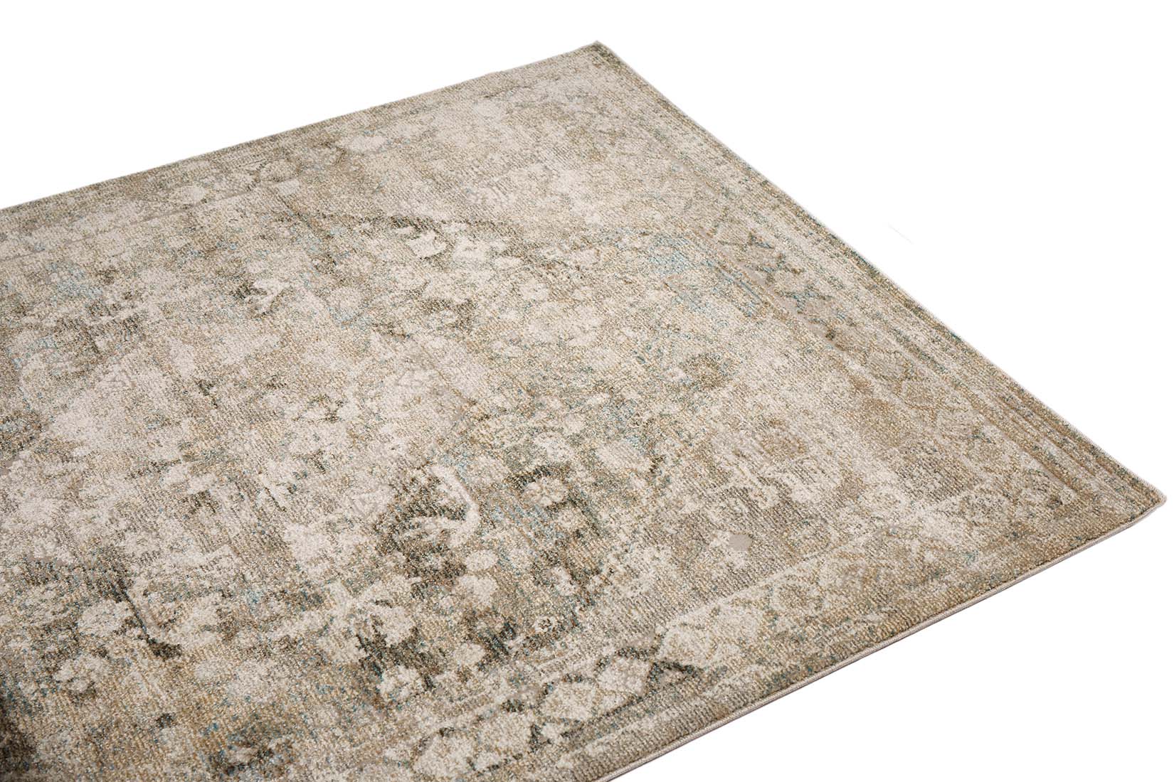 persian inspired area rug in grey, beige, and blue
