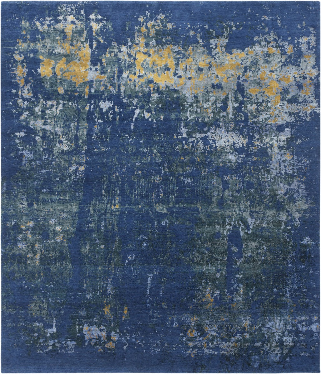 Authentic Indian rug with abstract design in blue and gold