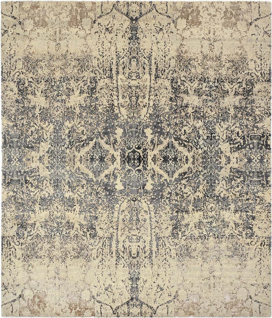 Cream and beige bamboo silk rug with grey medallion.
