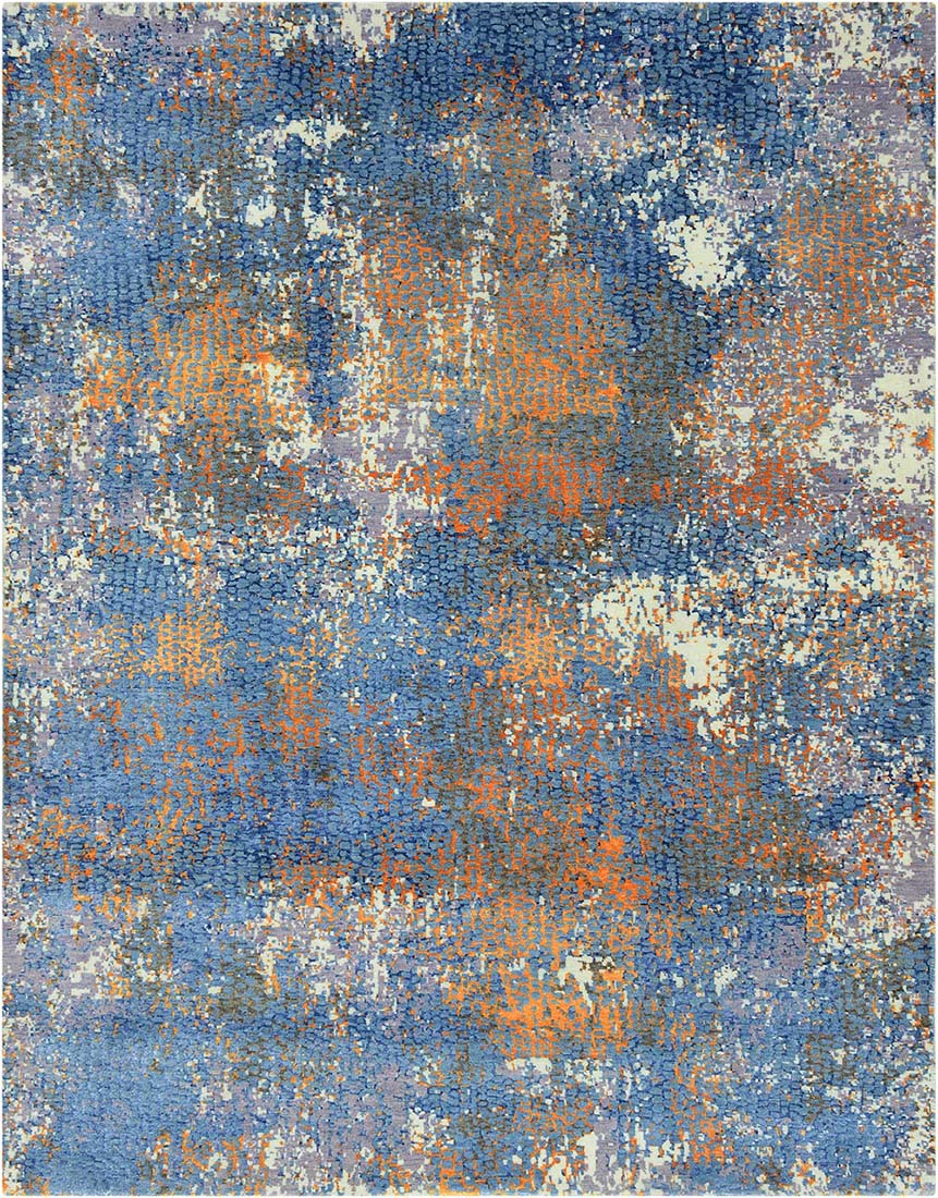 Abstract blue, orange, purple and white wool rug
