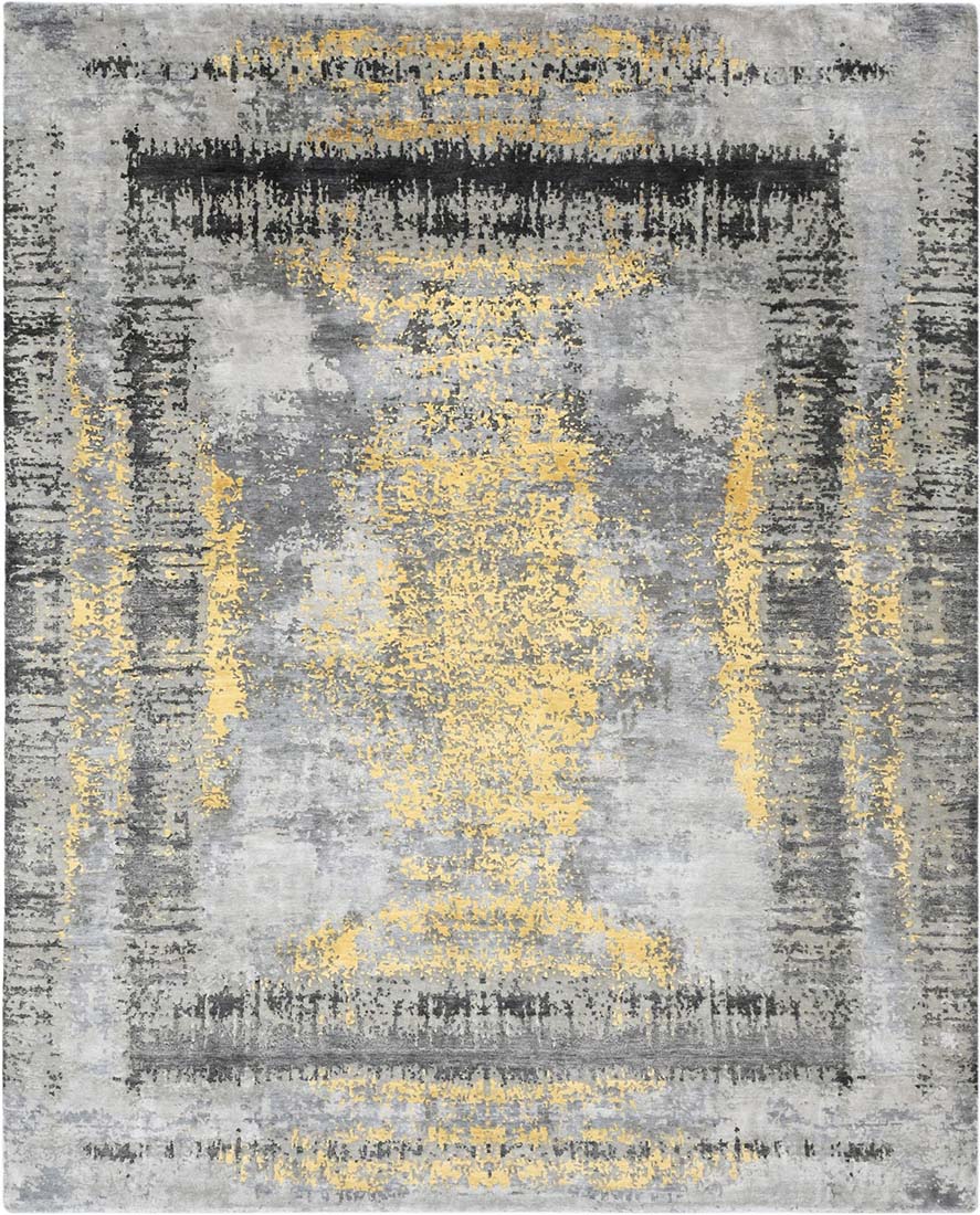 Grey and yellow abstract bamboo silk rug. 
