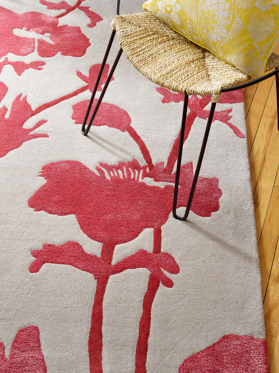 Beige and red floral poppy wool and viscose rug