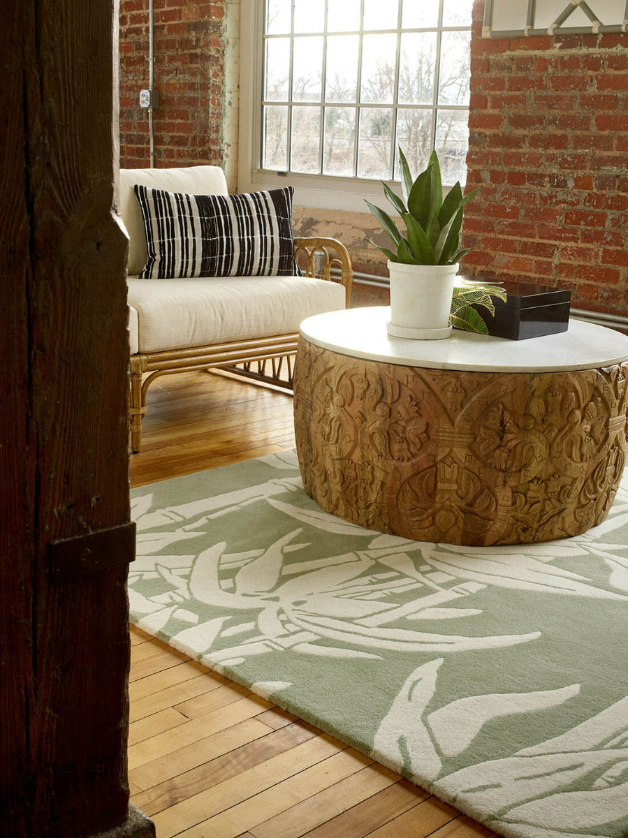 Green and Ivory Wool rug with bamboo design