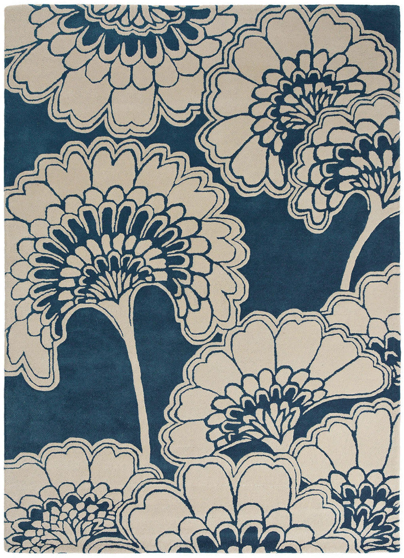 Navy and beige floral wool rug