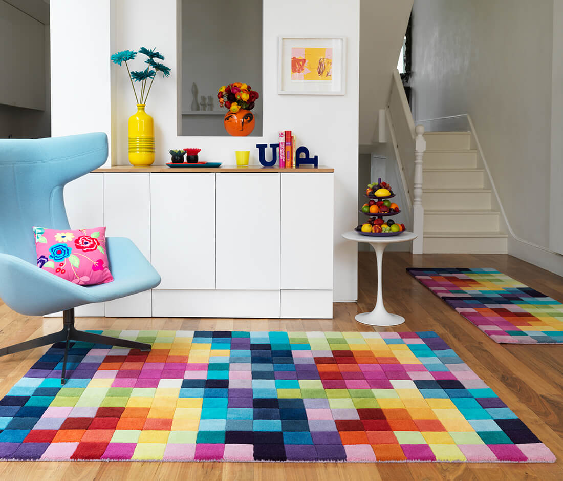 multicolour rug with a geometric box pattern