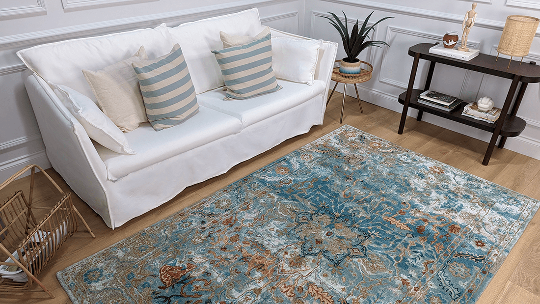 blue wool and viscose rug in a persian design 