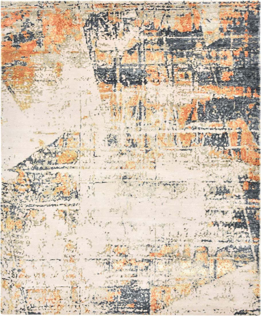Abstract cream, orange and grey wool rug 

