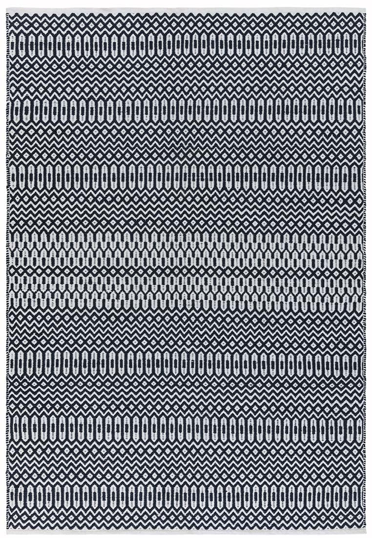 black indoor/outdoor rug with geometric design
