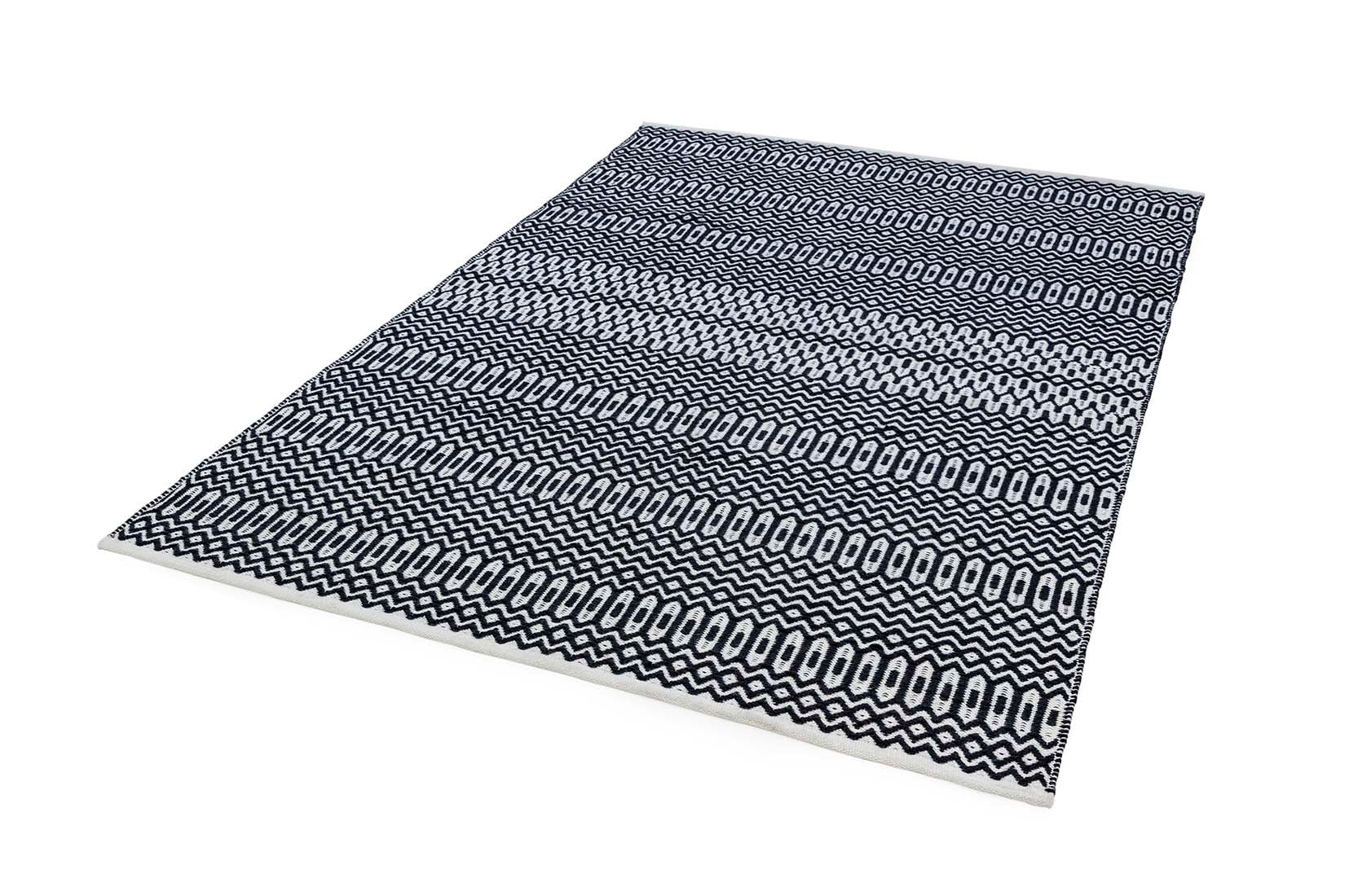 black indoor/outdoor rug with geometric design
