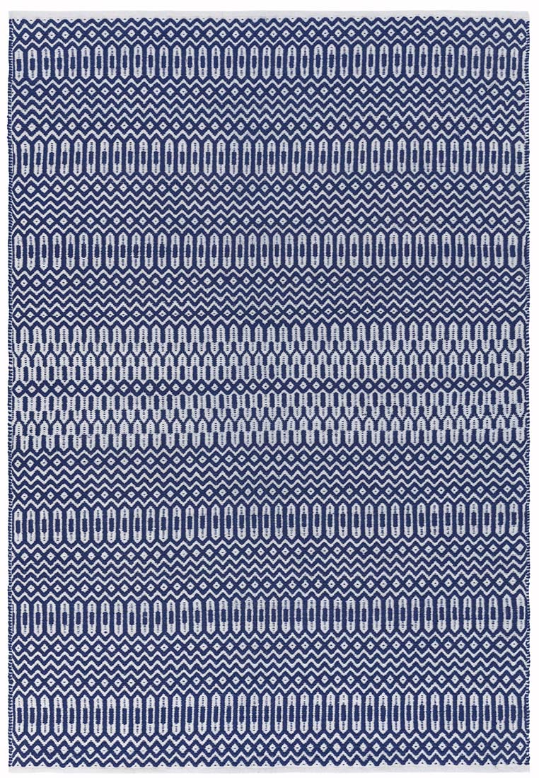 blue indoor/outdoor rug with geometric design
