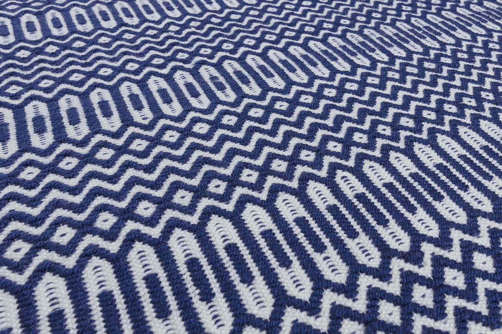 blue indoor/outdoor rug with geometric design
