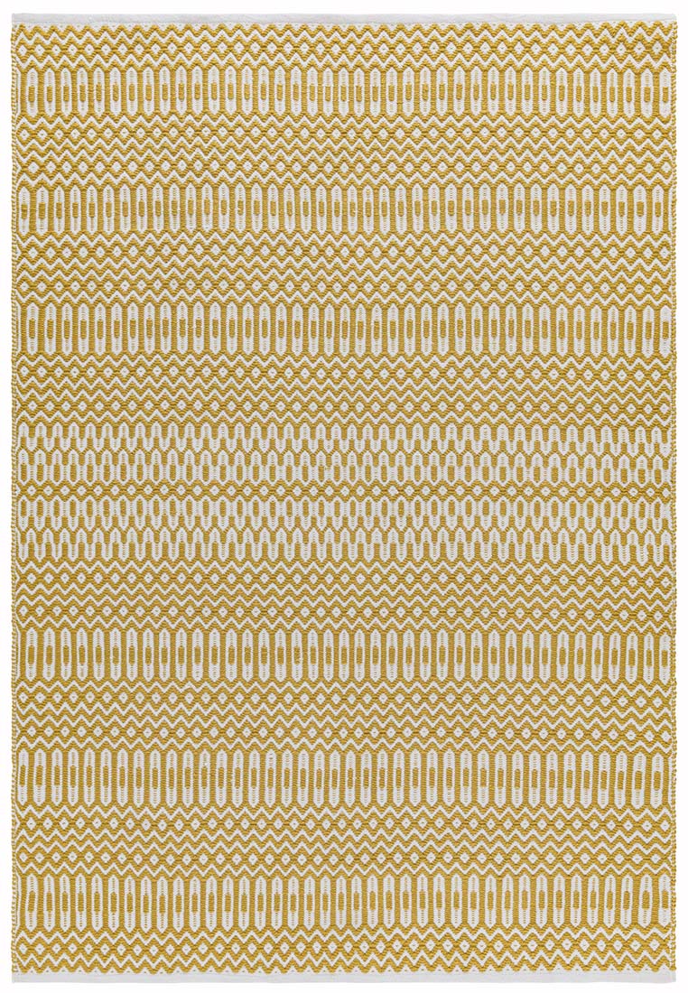 yellow indoor/outdoor rug with geometric design
