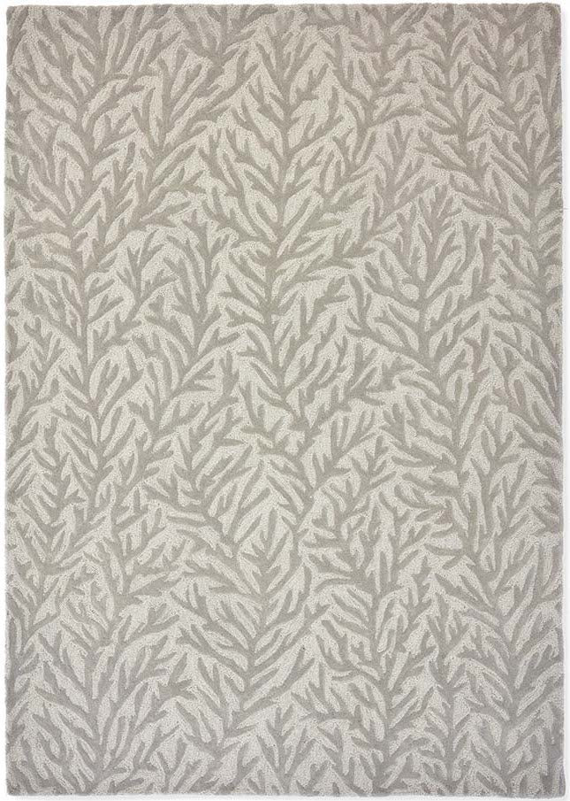 grey, taupe and cream wool rug with coral design
