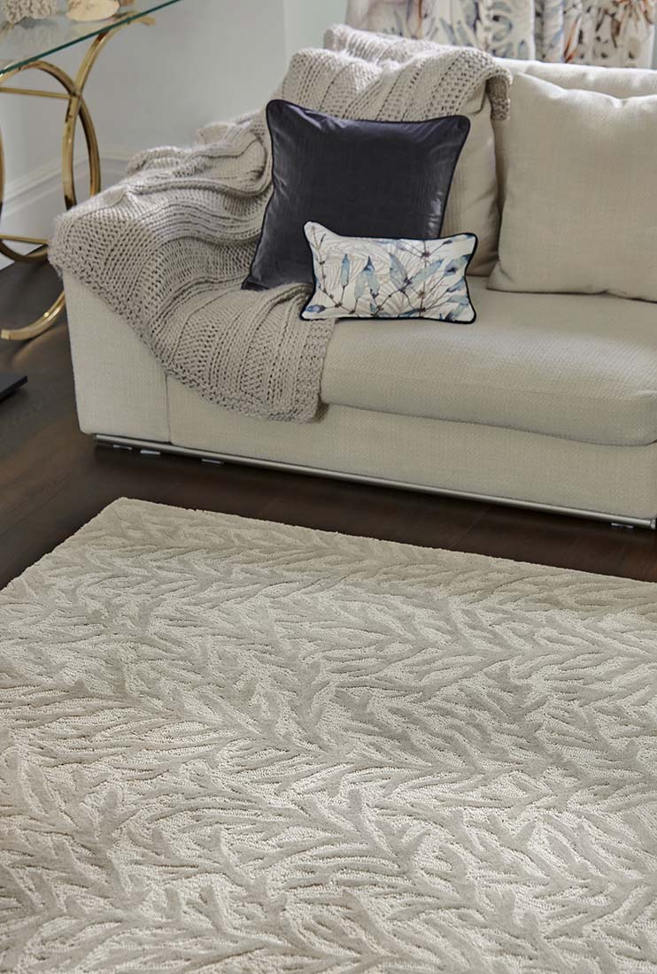  taupe and cream wool rug with coral design
