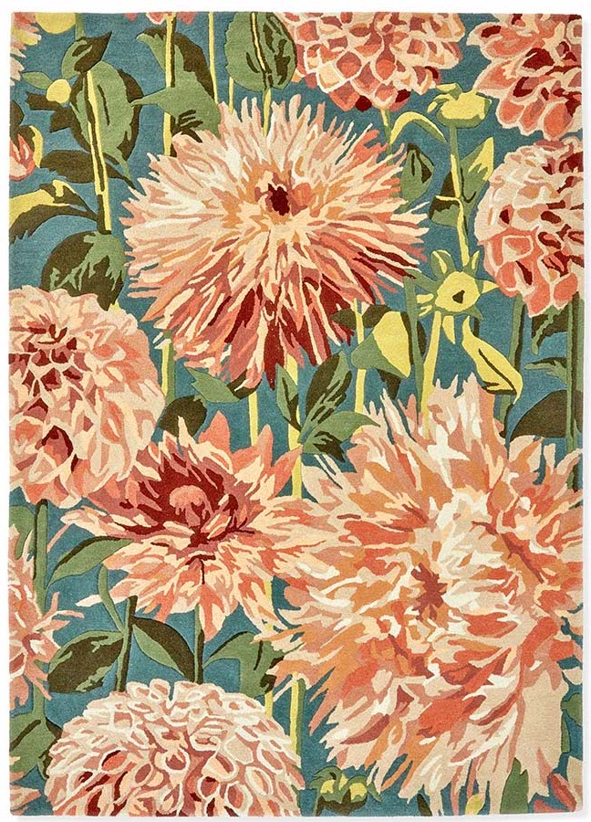 floral wool rug in orange, green, cream and blue
