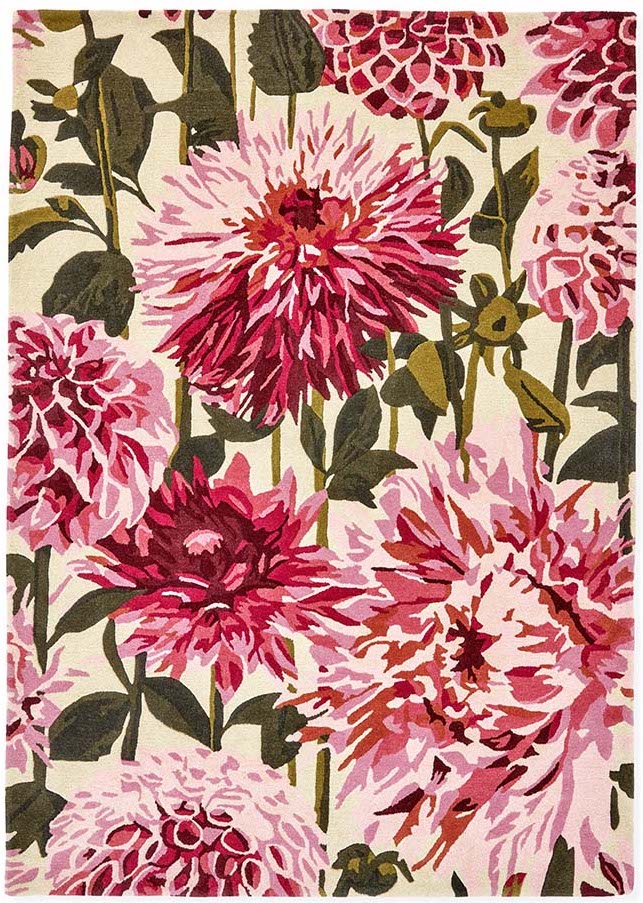floral wool rug in pink, green and cream
